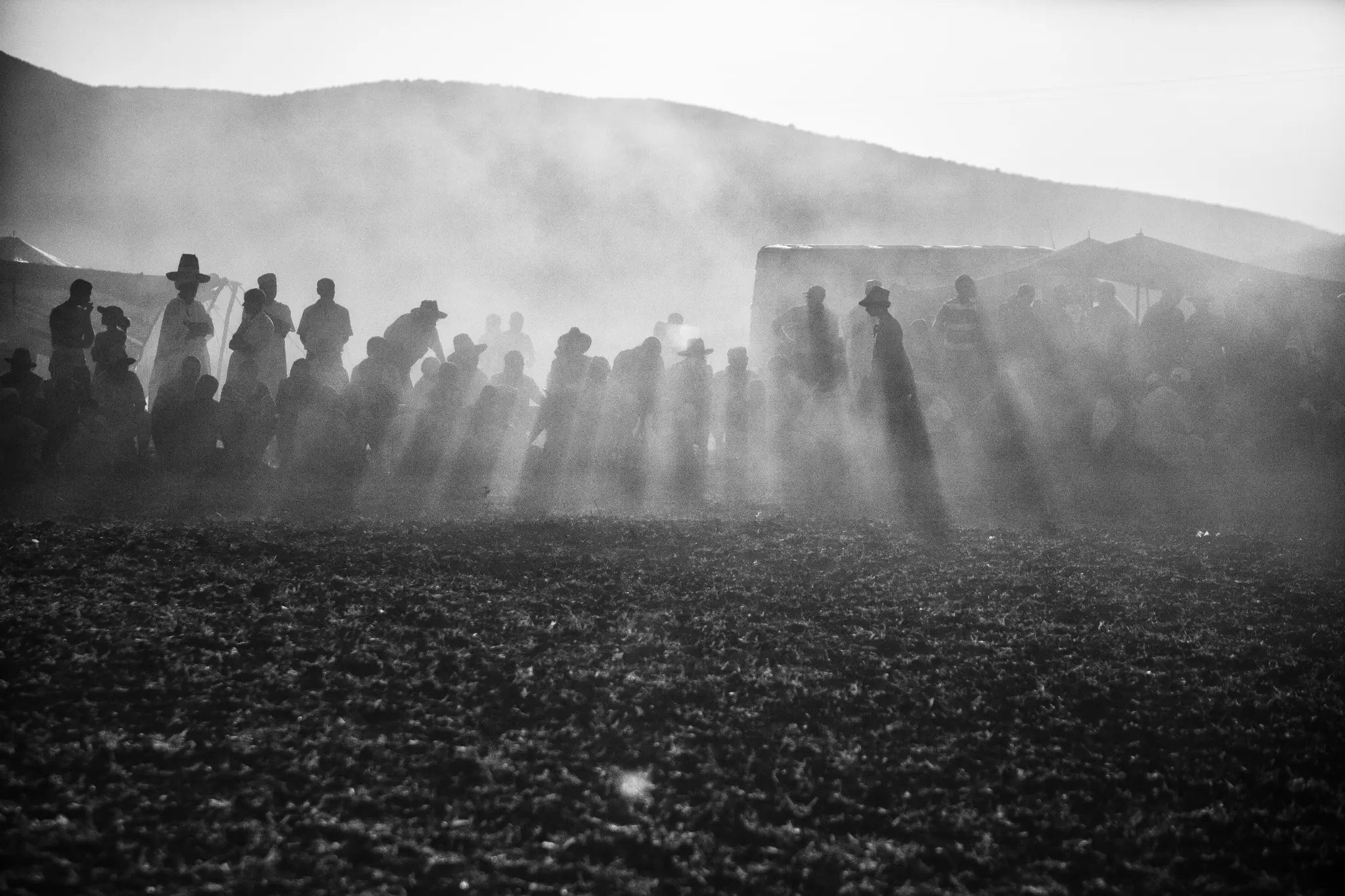 Silhouettes de cavaliers et public dans la poussière à Sidi Ghanem